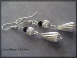 Shiny Silver Rippled Teardrop and Black Crystal Quartz Earrings pierced or Clip-On
