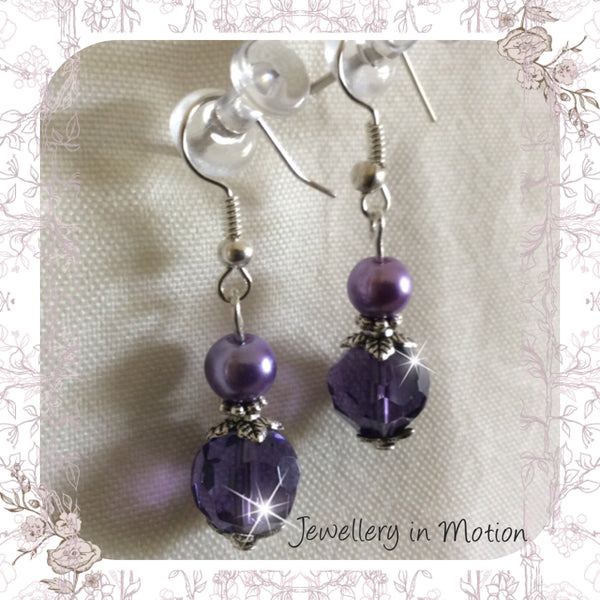 Petite Purple Crystal & Glass Pear Earrings.  Pierced or Clip-On