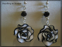 Black & White Rose Dangle Earrings ~ available in Pierced or Clip on your choice