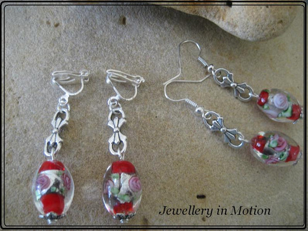 Red Lampwork Dangle Earrings Pierced or Clip-On Available