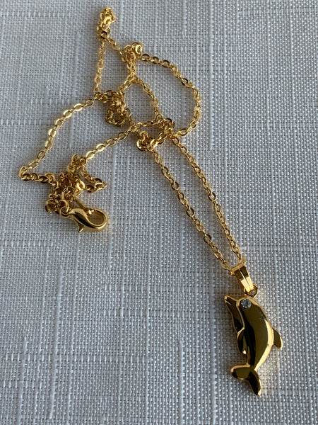 Dolphin Charm with Rhinestone Eye in Gold Plated Necklace Chain 42 cm