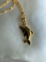 Dolphin Charm with Rhinestone Eye in Gold Plated Necklace Chain 42 cm
