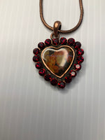 Vintage Look Heart Pendant Garnet Red Rhinestone Copper Necklace