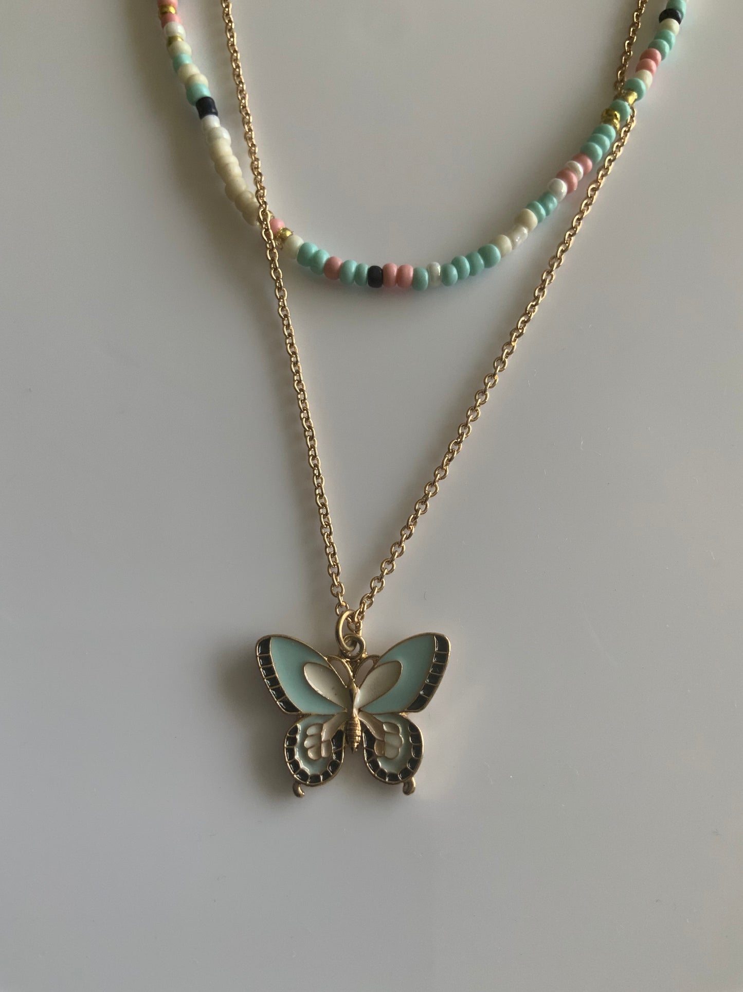 Double Strand Beaded in Pastel Colours  & Chain  Necklace with Butterfly Charm