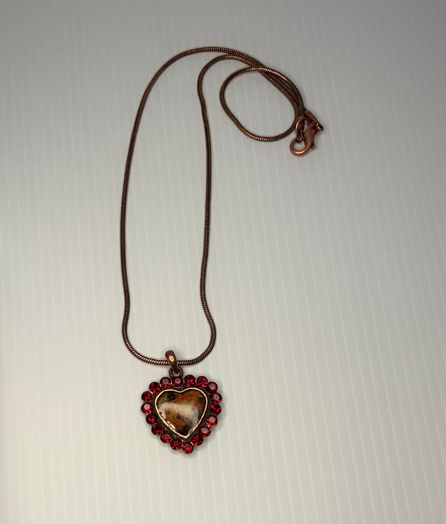 Vintage Look Heart Pendant Garnet Red Rhinestone Copper Necklace
