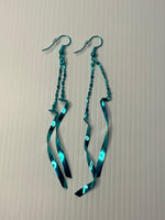 Long Wavey Ribbon Like & Ball Chain Metal Earrings Blue Pierced Hooks