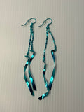 Long Wavey Ribbon Like & Ball Chain Metal Earrings Blue Pierced Hooks