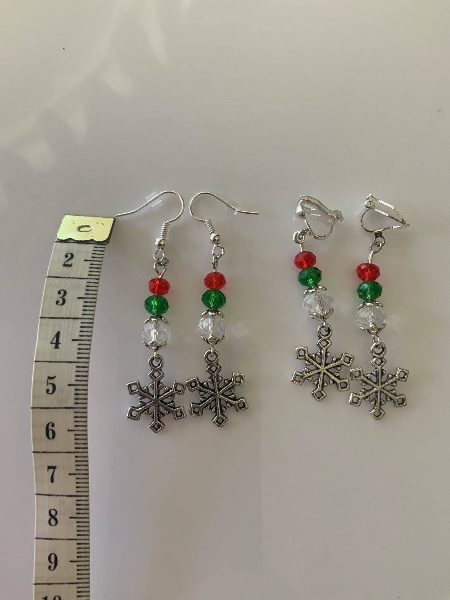Silver Tone Snowflake Charm Dangle Crystals Red, Green & Clear Earrings Pierced or Clip-On  avail