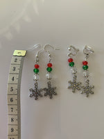 Silver Tone Snowflake Charm Dangle Crystals Red, Green & Clear Earrings Pierced or Clip-On  avail