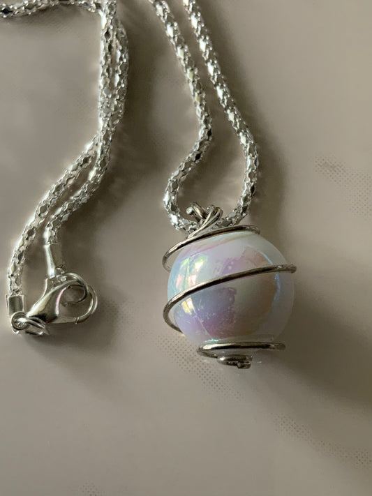 Pearlised Round Ball Caged Short Necklace Silver Plate