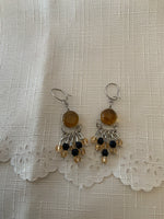 Dangle Amber & Silvertone  lightweight  Chandelier style Earrings Drop Pierced