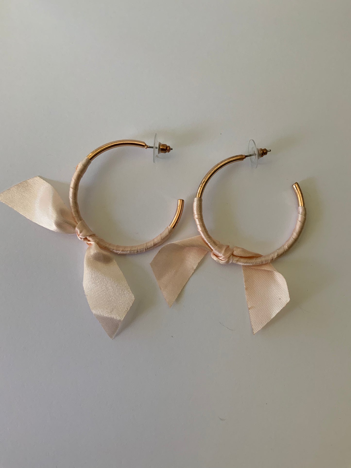 Large Open Ended Gold Plated Hoop with Very Pale Pink Ribbon Bow Dangle Earrings