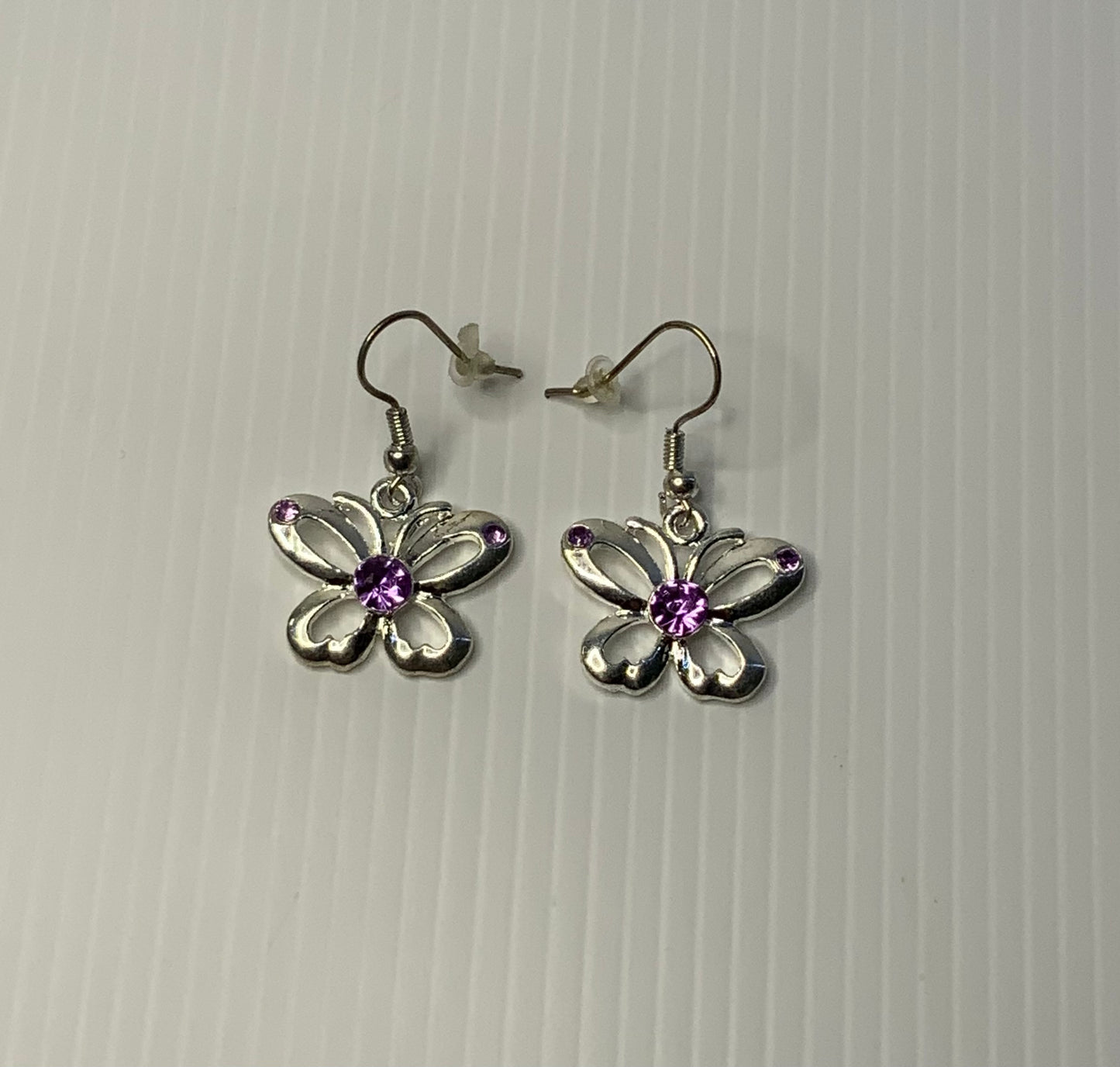 Silver Plate Butterfly Charm Earrings Purple Rhinestone Features - Pierced Ears