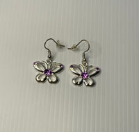 Silver Plate Butterfly Charm Earrings Purple Rhinestone Features - Pierced Ears