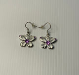 Silver Plate Butterfly Charm Earrings Purple Rhinestone Features - Pierced Ears