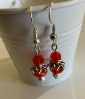 Crystal Red Rondelle Dangle Earrings & Silver Plate Accents avail in Pierced or Clip-On