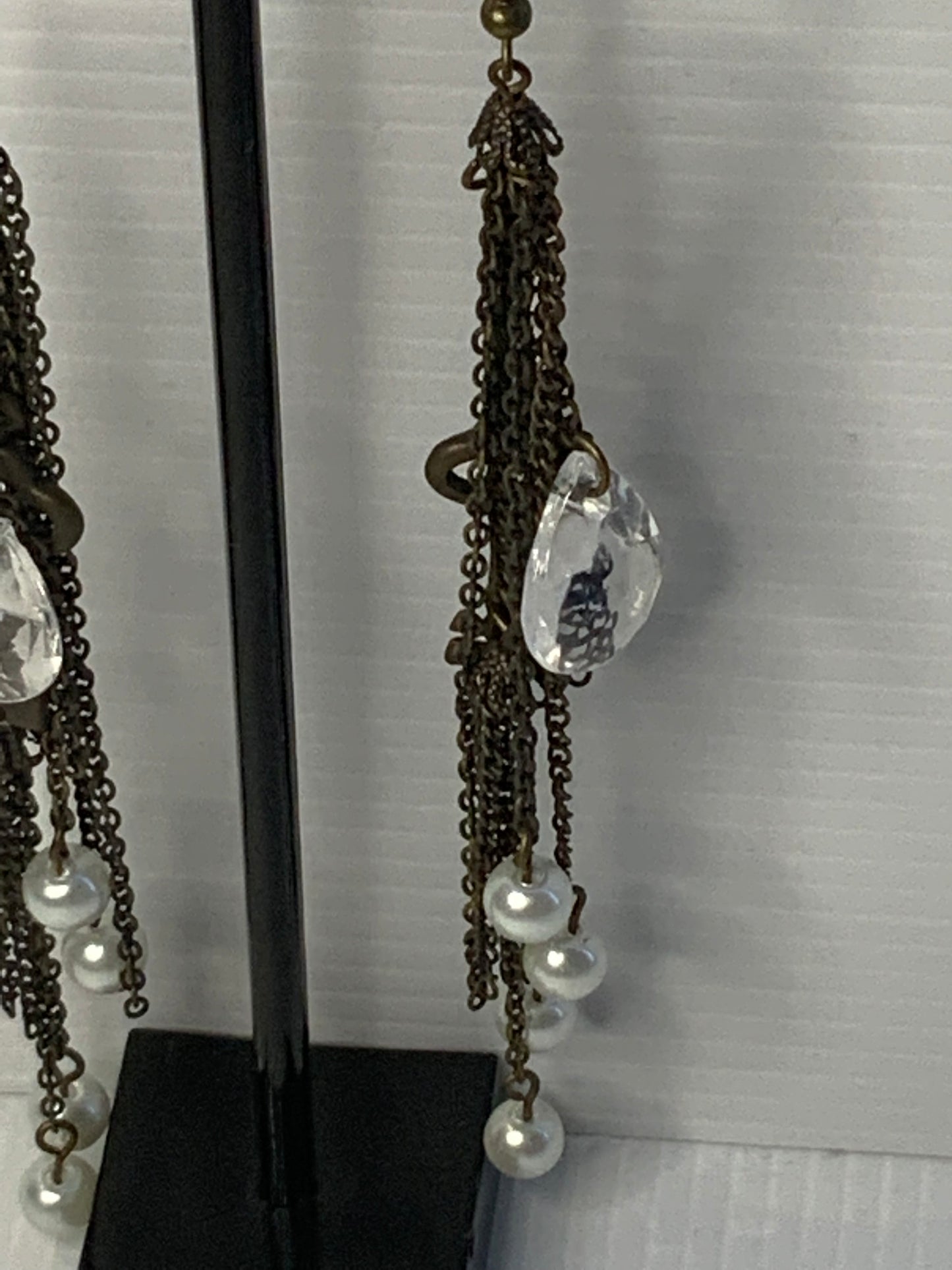 Long Dangle Bronze Coin & Crystal drop, Pears & Rhinestone Earrings - Pierced.