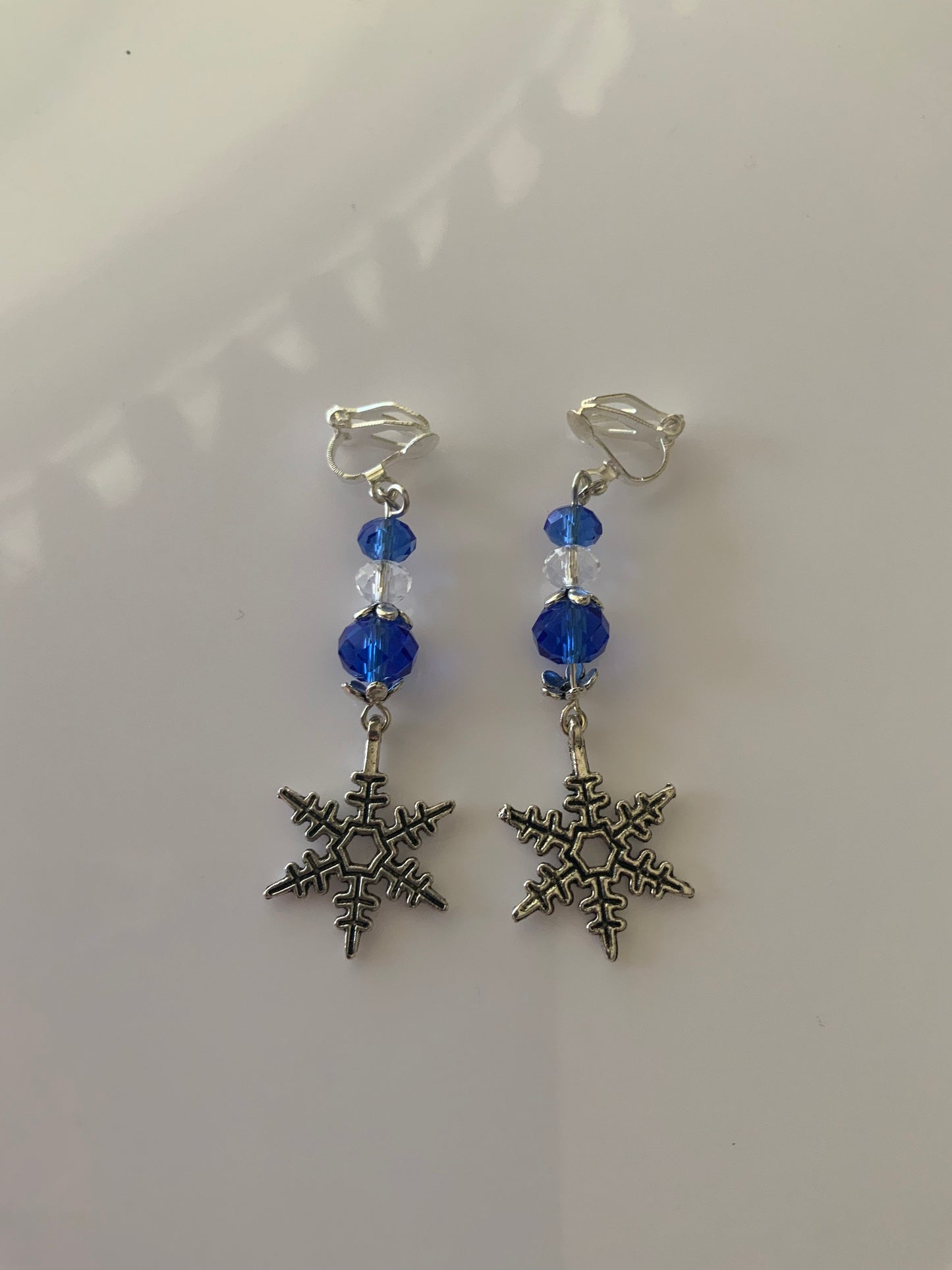 Silver Tone Snowflake Charm Dangle Crystals blue & Crystal Clear  Earrings Pierced or Clip-On  avail