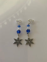 Silver Tone Snowflake Charm Dangle Crystals blue & Crystal Clear  Earrings Pierced or Clip-On  avail