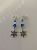 Silver Tone Snowflake Charm Dangle Crystals blue & Crystal Clear  Earrings Pierced or Clip-On  avail