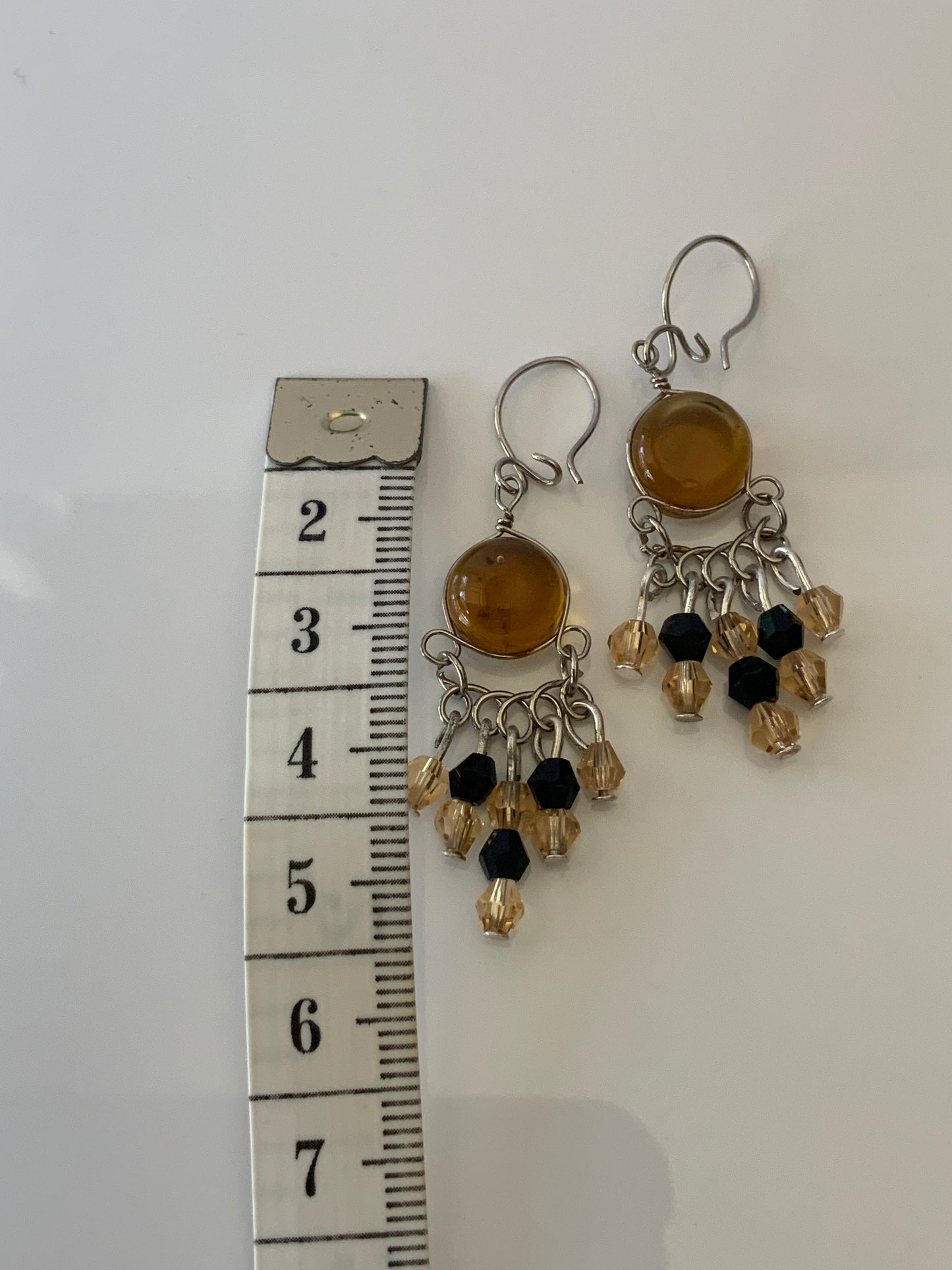 Dangle Amber & Silvertone  lightweight  Chandelier style Earrings Drop Pierced
