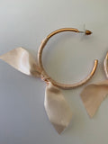 Large Open Ended Gold Plated Hoop with Very Pale Pink Ribbon Bow Dangle Earrings