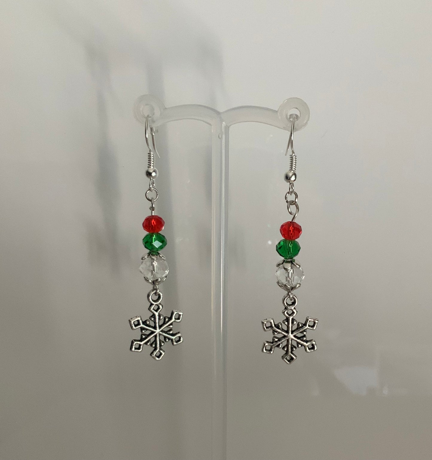 Silver Tone Snowflake Charm Dangle Crystals Red, Green & Clear Earrings Pierced or Clip-On  avail