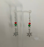 Silver Tone Snowflake Charm Dangle Crystals Red, Green & Clear Earrings Pierced or Clip-On  avail