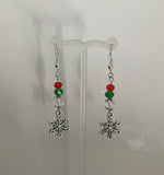 Silver Tone Snowflake Charm Dangle Crystals Red, Green & Clear Earrings Pierced or Clip-On  avail