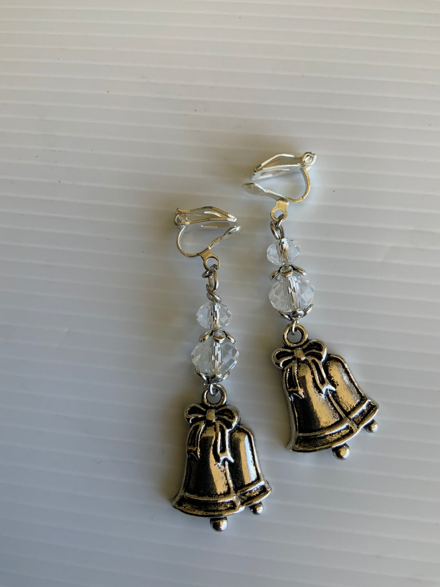 Silver Tone Double Bell Charm Dangle  Earrings Clear Crystals  Hook, Lever Pierced or Clip-on