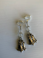 Silver Tone Double Bell Charm Dangle  Earrings Clear Crystals  Hook, Lever Pierced or Clip-on