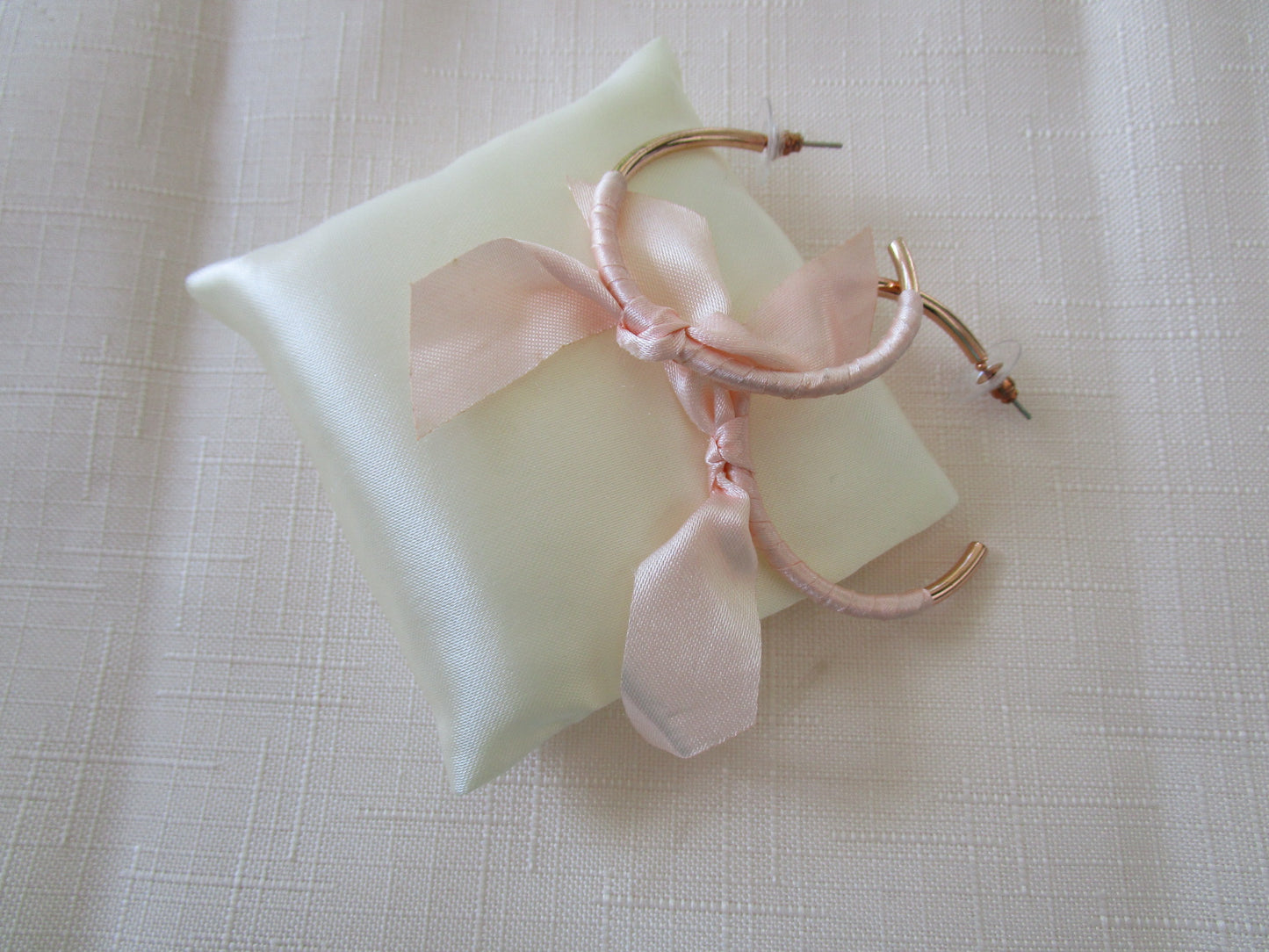 Large Open Ended Gold Plated Hoop with Very Pale Pink Ribbon Bow Dangle Earrings
