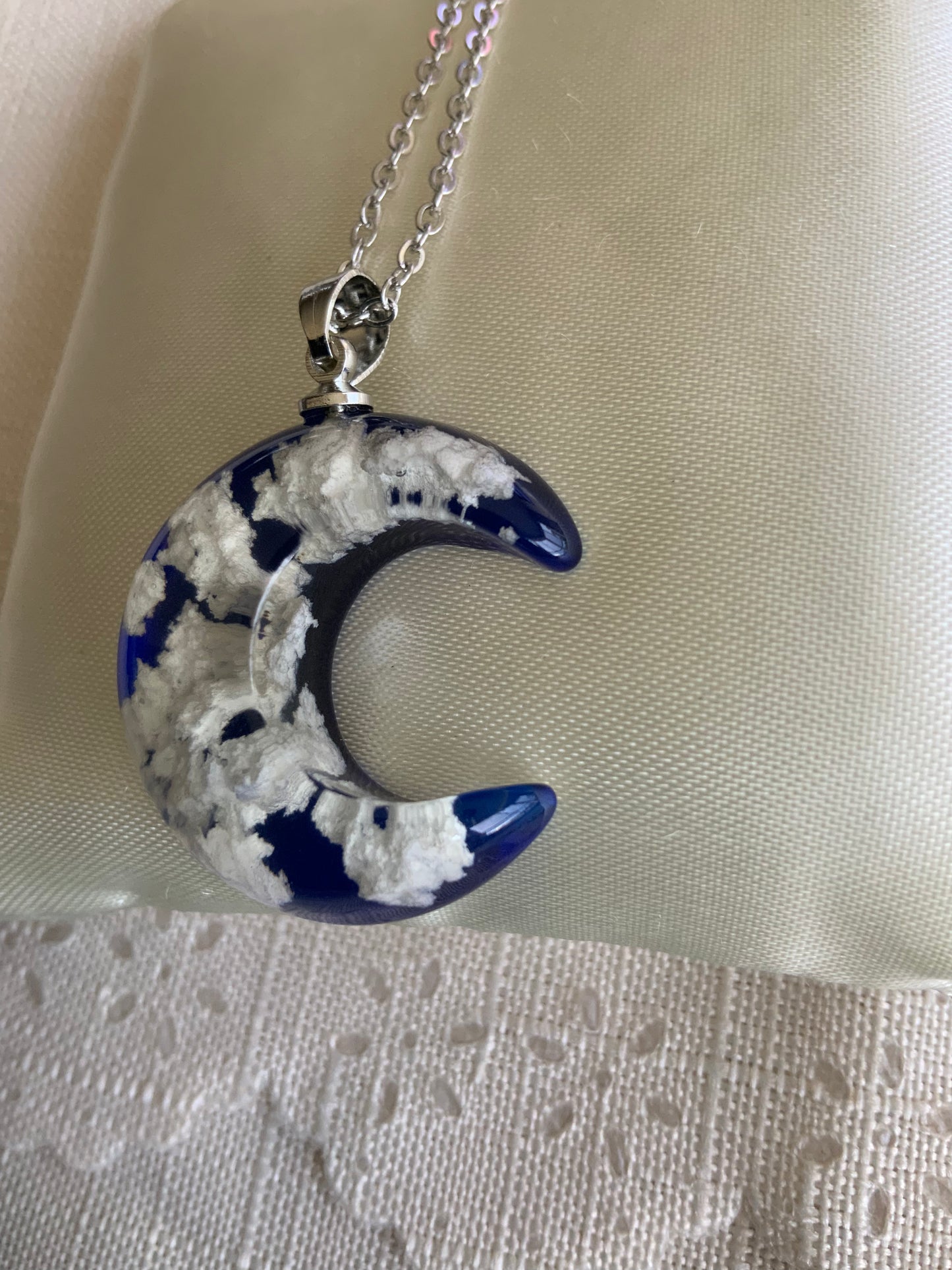 Half Moon Pendant Necklace Epoxy with Cloud Flakes Pendant on Fine Link Chain