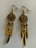 Long Dangle Gold Plated Round Floral Detailed Flower Charm Leaves Pink Centre
