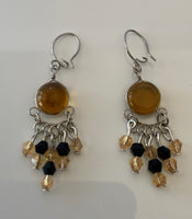 Dangle Amber & Silvertone  lightweight  Chandelier style Earrings Drop Pierced