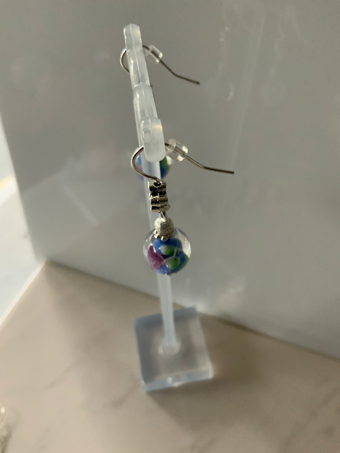 Lampwork Blue & Green Floral Dangle Earrings Silver Plate Pierced