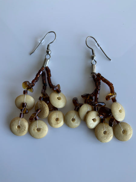 Light Tan Round Disc Beaded Tassel Long Drop Earrings Brown Bead - Pierced only