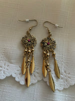 Long Dangle Gold Plated Round Floral Detailed Flower Charm Leaves Pink Centre