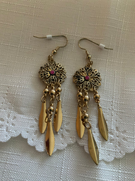 Long Dangle Gold Plated Round Floral Detailed Flower Charm Leaves Pink Centre