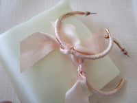 Large Open Ended Gold Plated Hoop with Very Pale Pink Ribbon Bow Dangle Earrings
