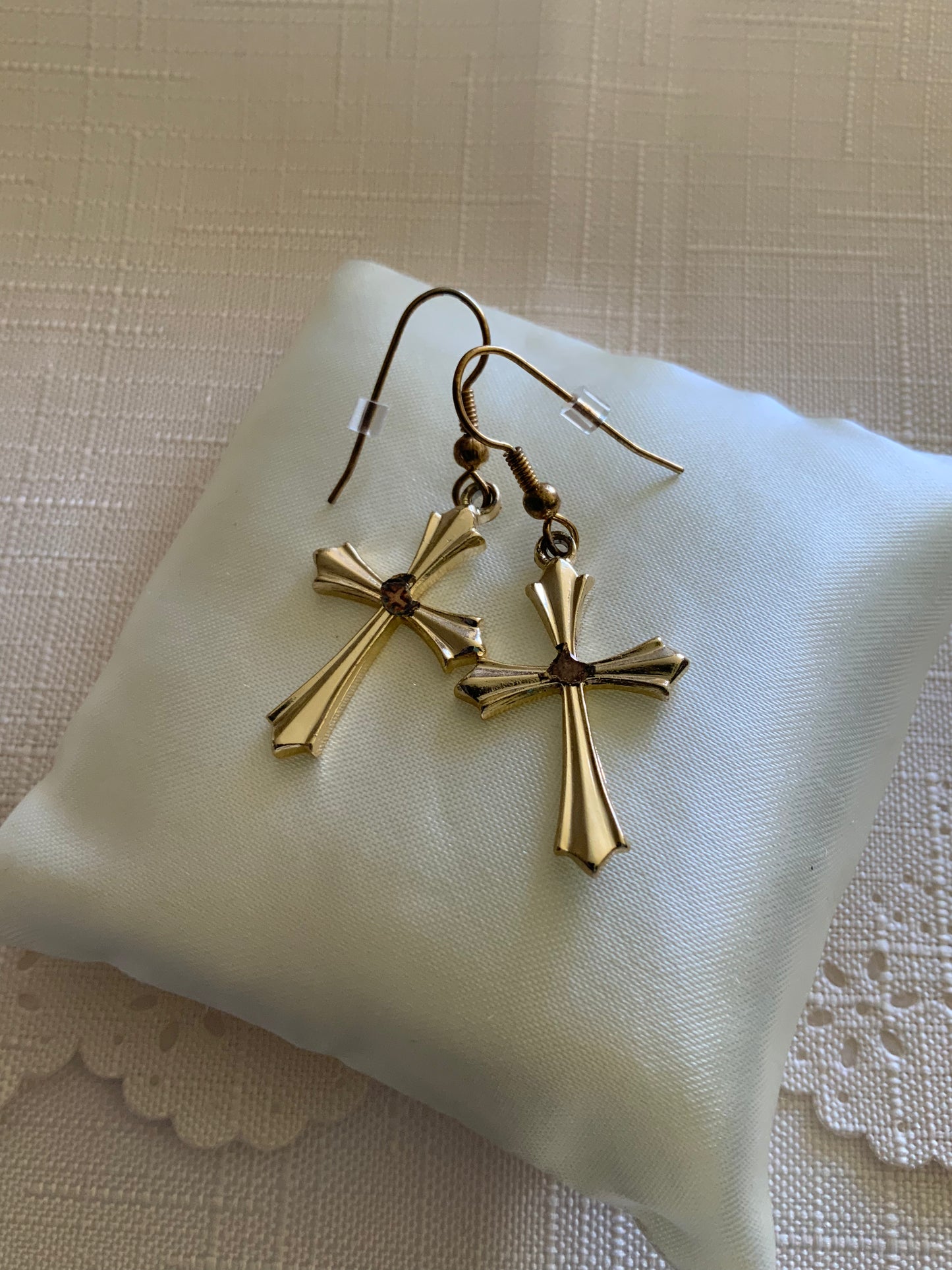 Gold Plated Detailed Cross Charm Dangle Earrings Pierced avail Clip-on