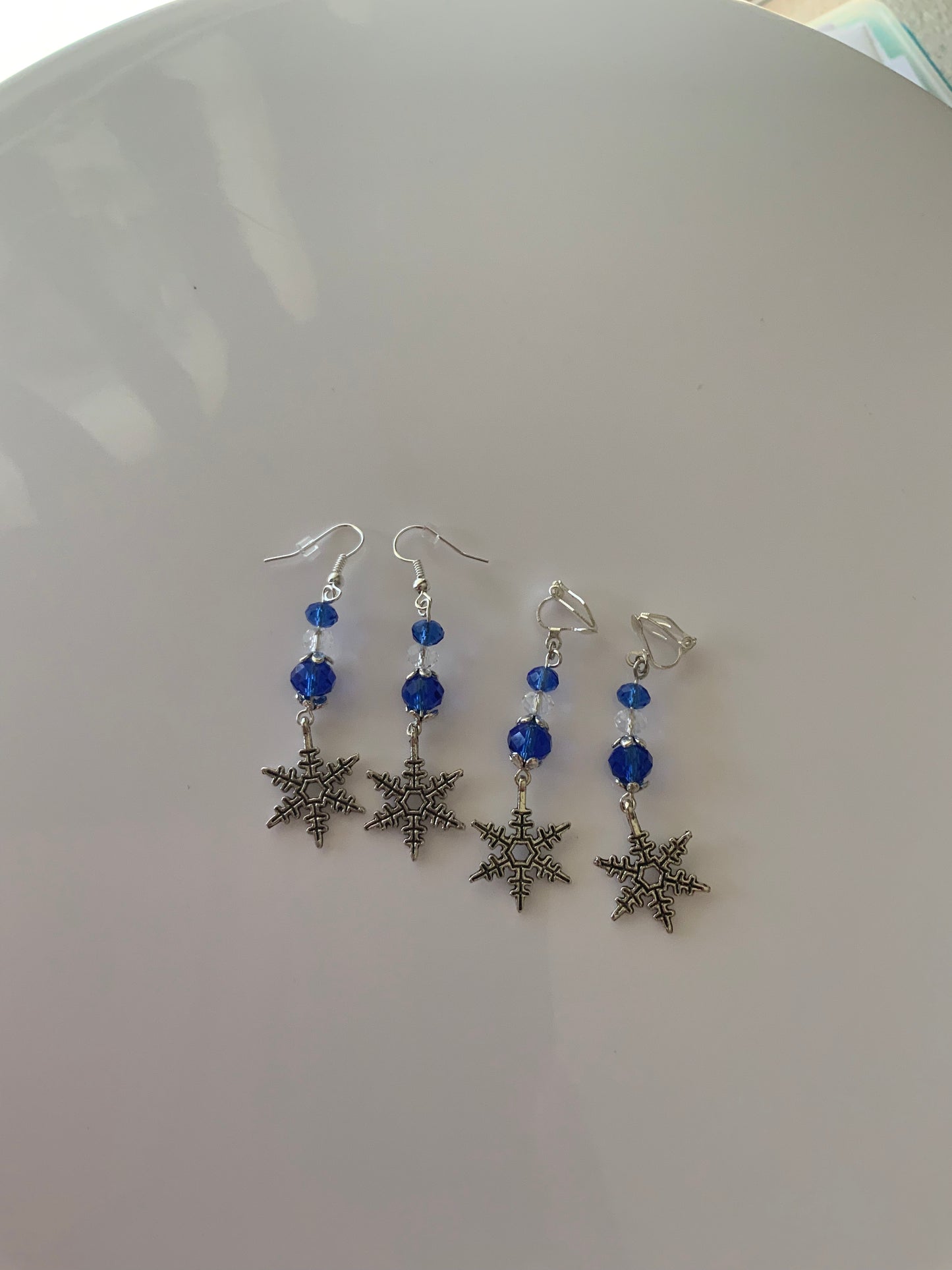 Silver Tone Snowflake Charm Dangle Crystals blue & Crystal Clear  Earrings Pierced or Clip-On  avail