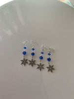 Silver Tone Snowflake Charm Dangle Crystals blue & Crystal Clear  Earrings Pierced or Clip-On  avail