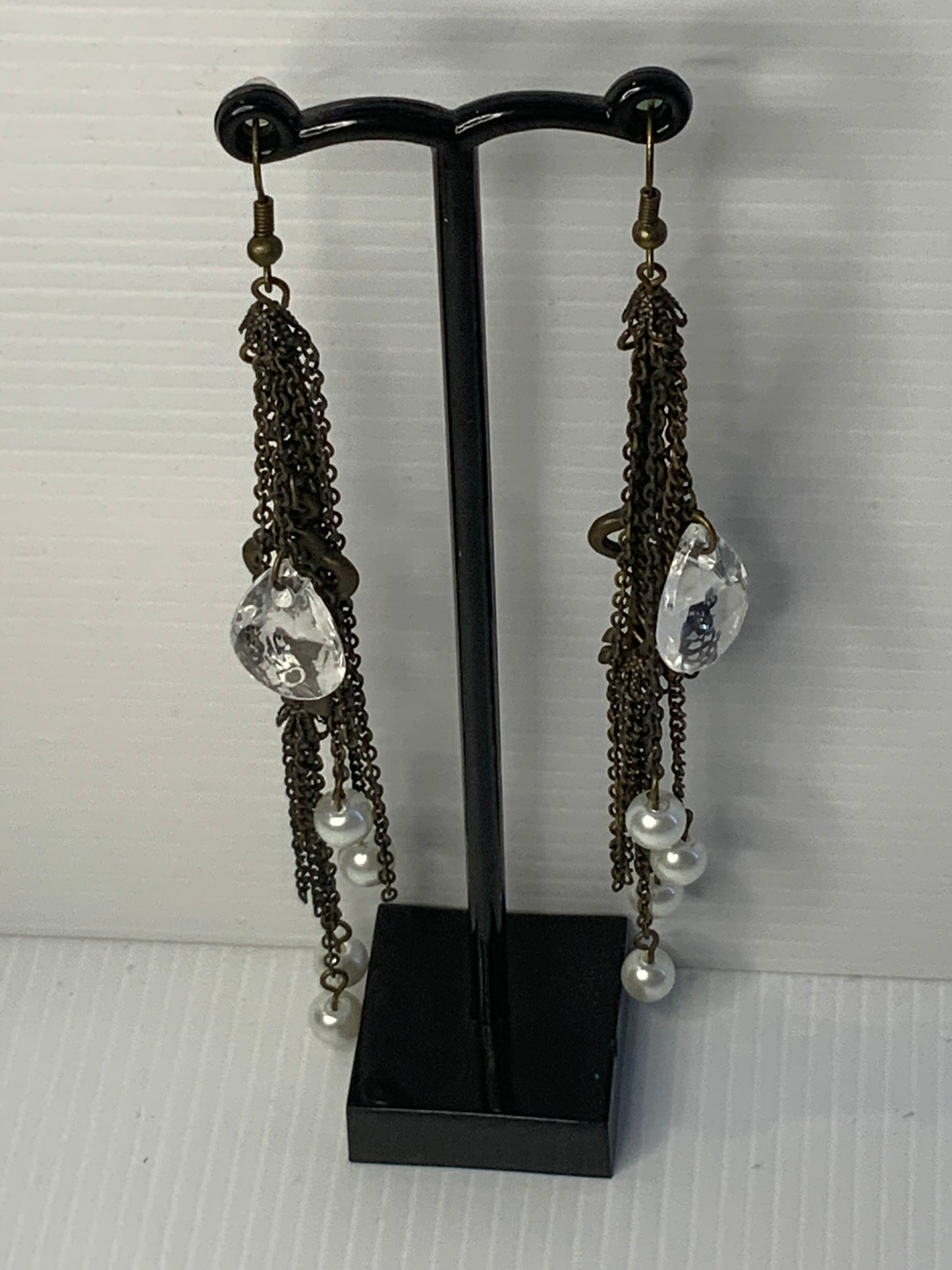 Long Dangle Bronze Coin & Crystal drop, Pears & Rhinestone Earrings - Pierced.