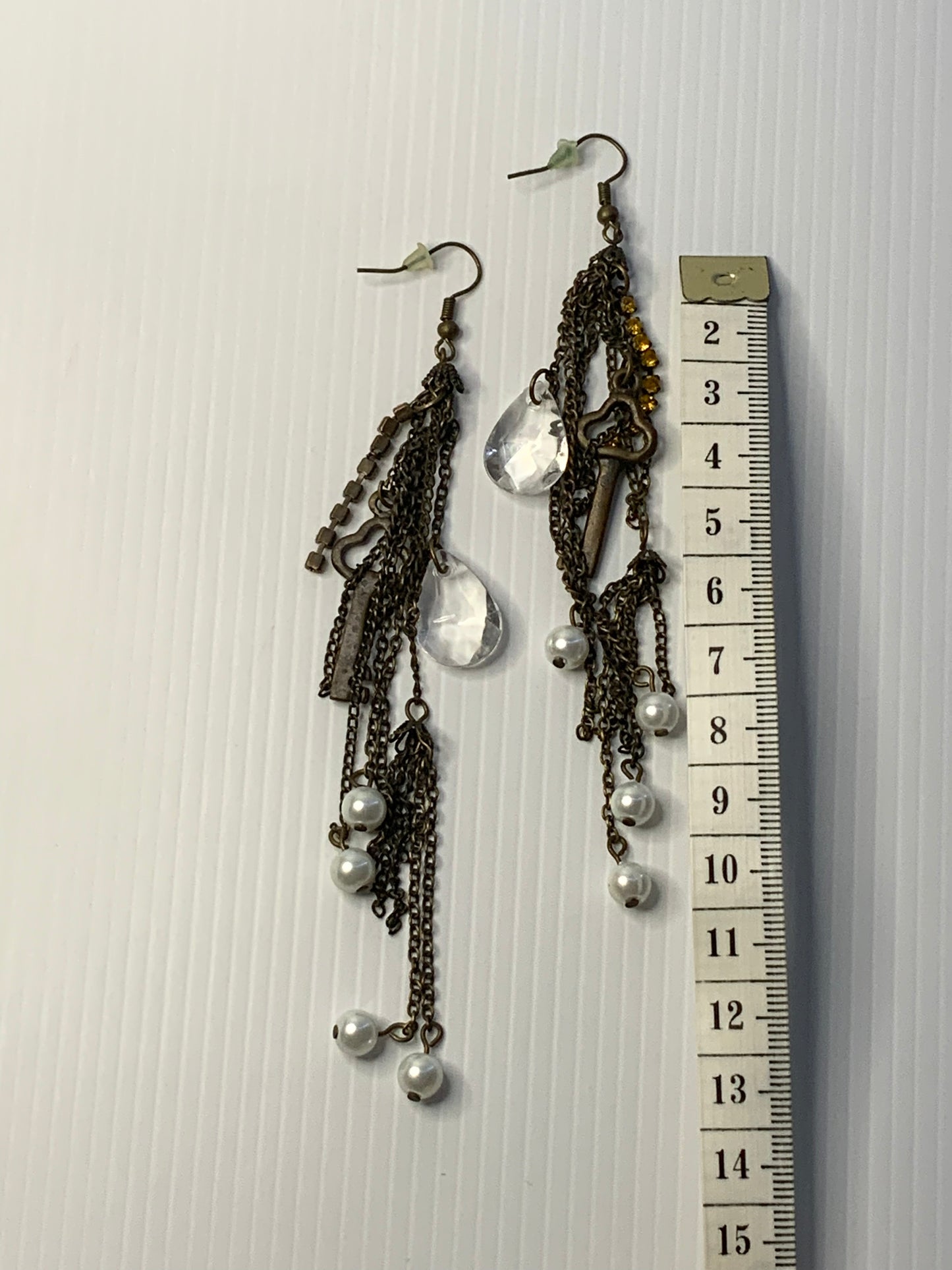 Long Dangle Bronze Coin & Crystal drop, Pears & Rhinestone Earrings - Pierced.