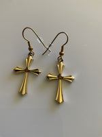 Gold Plated Detailed Cross Charm Dangle Earrings Pierced avail Clip-on