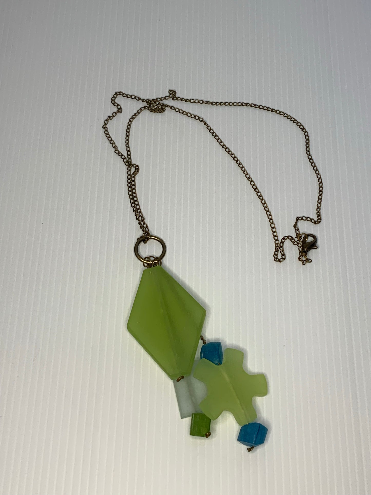 Statement Long Fine Link Necklace Green Teal Opaque Pendant Cluster