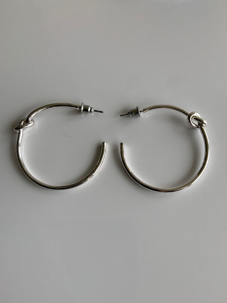 Large Hoop Earrings Silver Plate Plain Smooth Simple Knot Feature - Pierced Post