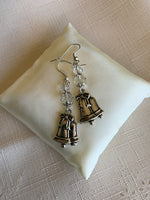 Silver Tone Double Bell Charm Dangle  Earrings Clear Crystals  Hook, Lever Pierced or Clip-on