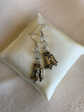 Silver Tone Double Bell Charm Dangle  Earrings Clear Crystals  Hook, Lever Pierced or Clip-on